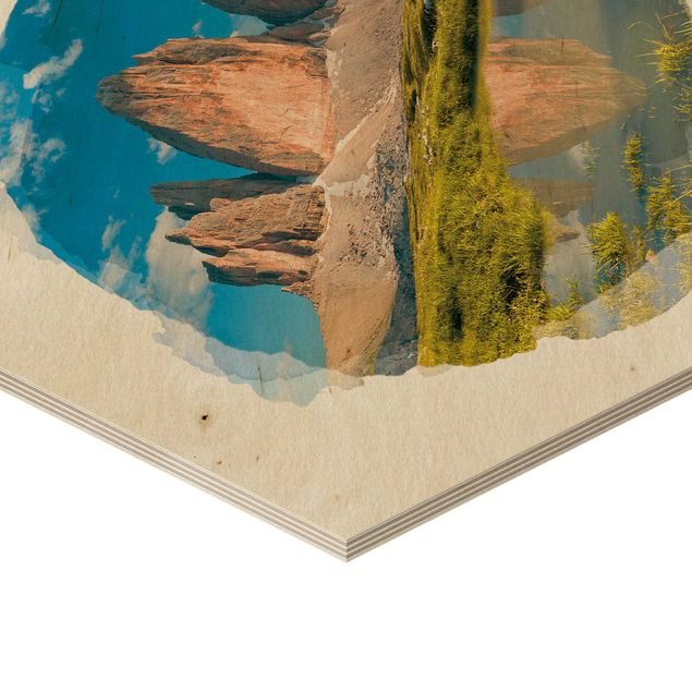 Hexagon Bild Holz - Wasserfarben - Südtiroler Zinnen und Wasserspiegelung