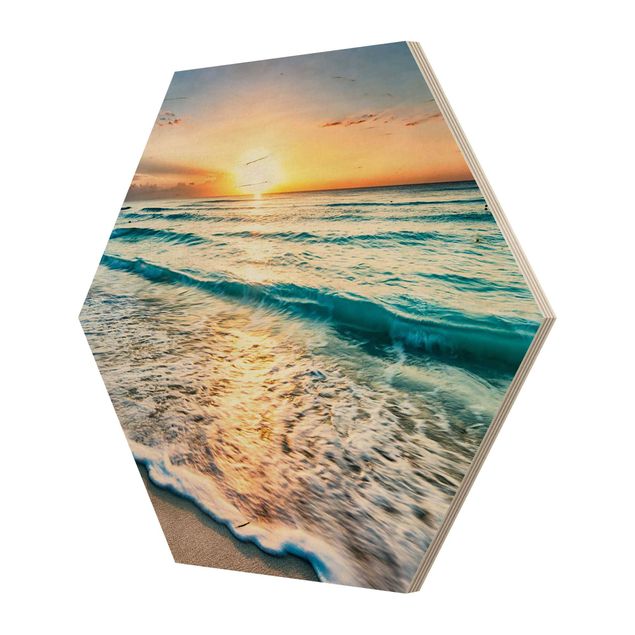 Hexagon Bild Holz - Sonnenuntergang am Strand
