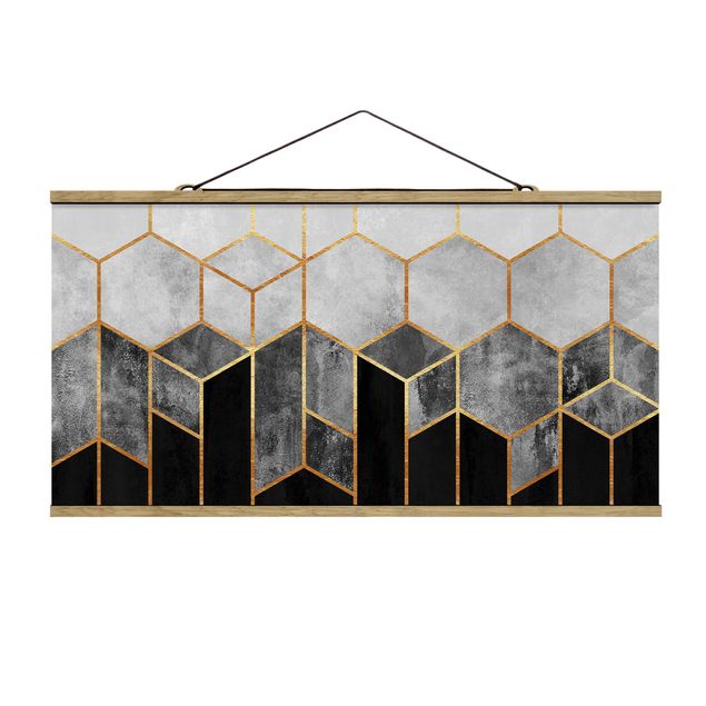Cuadros abstractos para salón Golden Hexagons Black And White
