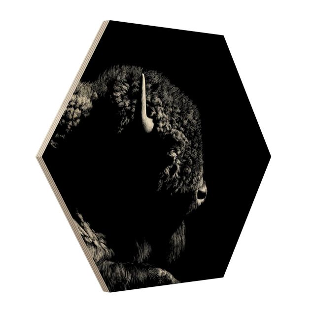 Hexagon Bild Holz - Bison vor Schwarz