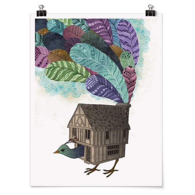 Cuadros con plumas Illustration Birdhouse With Feathers