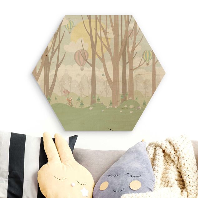 Decoración infantil pared Sun With Trees And Hot Air Balloons
