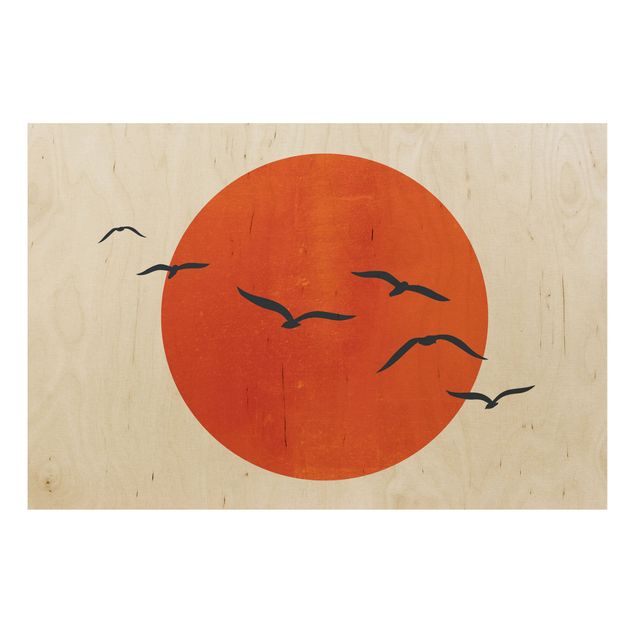 Cuadros de madera paisajes Flock Of Birds In Front Of Red Sun I
