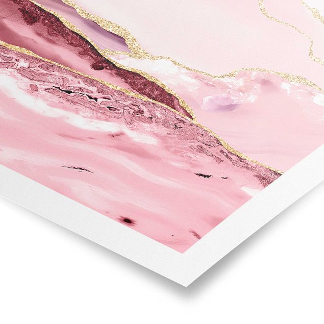 Láminas de cuadros famosos Abstract Mountains Pink With Golden Lines