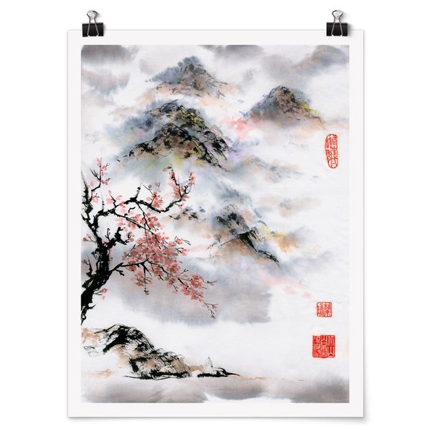 Cuadros paisajes Japanese Watercolour Drawing Cherry Tree And Mountains