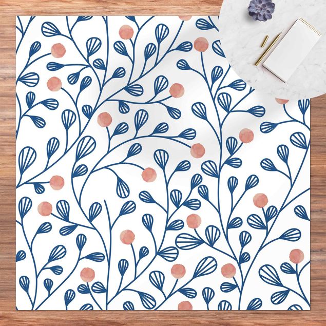 Alfombra balcón Blue Plant Pattern With Dots In LIght Pink