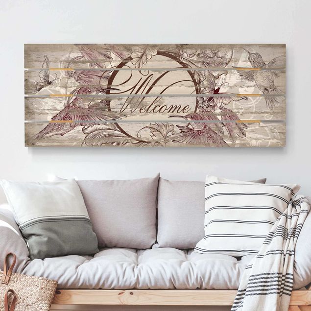 cuadros en madera con frases Welcome with Butterfly