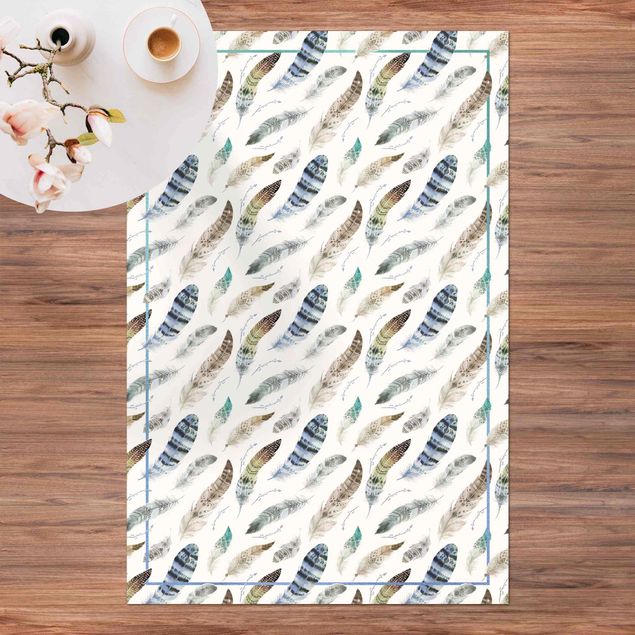 alfombra de terraza Boho Watercolour Feathers In Earthy Colours With Frame