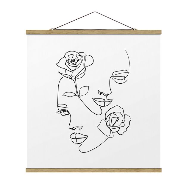 Cuadros de flores modernos Line Art Faces Women Roses Black And White