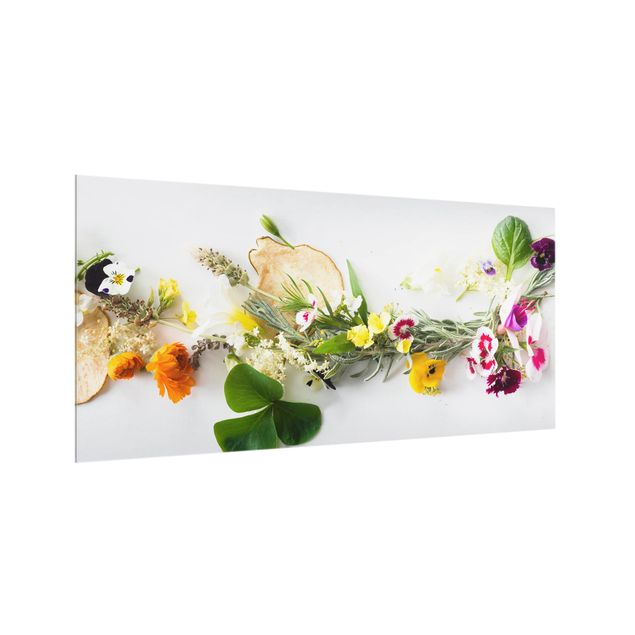 Panel antisalpicaduras cocina especias y hierbas Fresh Herbs With Edible Flowers