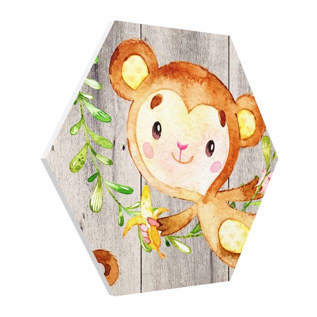 Cuadros infantiles animales Watercolor Monkey On Wood