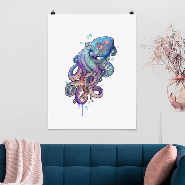 Cuadros de peces Illustration Octopus Violet Turquoise Painting