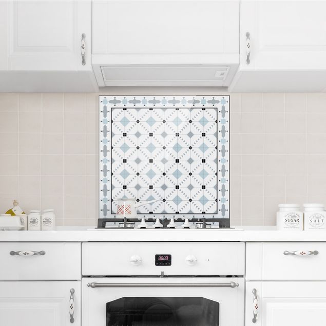 Panel antisalpicaduras cocina patrones Geometrical Tiles Ikat Blue With Border