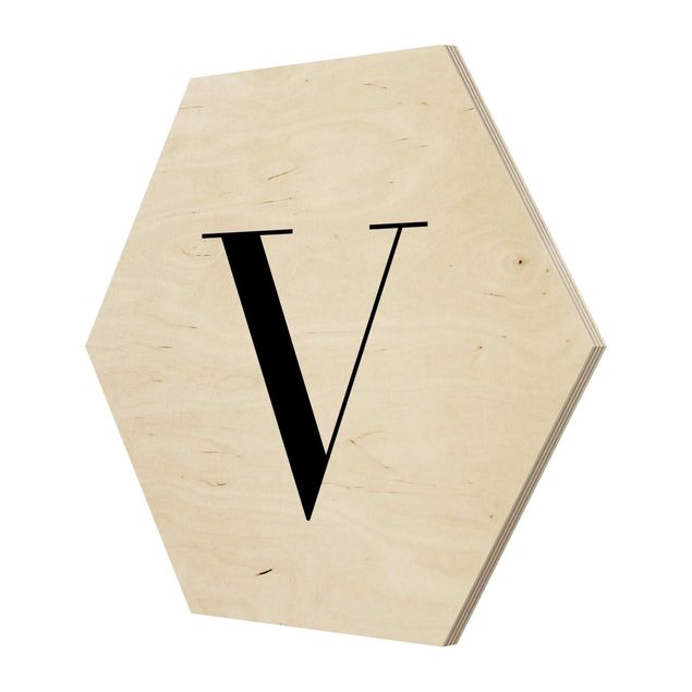 Hexagon Bild Holz - Buchstabe Serif Weiß V