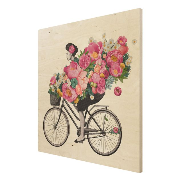 Cuadros de madera flores Illustration Woman On Bicycle Collage Colourful Flowers