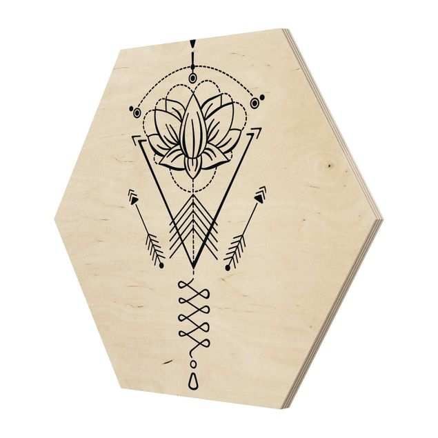 Hexagon Bild Holz - Lotus Unalome mit Pfeilen