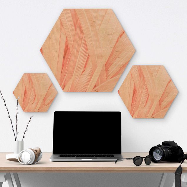 Hexagon Bild Holz - Palmenblätter Rosa