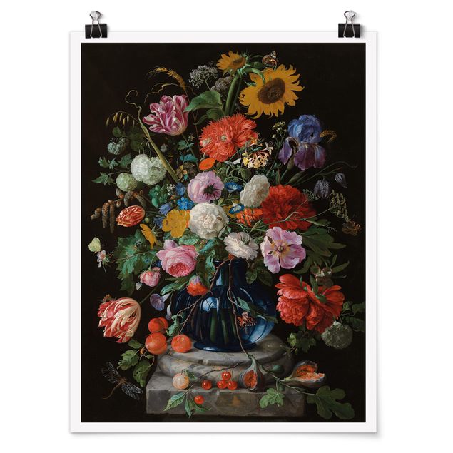 Láminas flores Jan Davidsz de Heem - Tulips, a Sunflower, an Iris and other Flowers in a Glass Vase on the Marble Base of a Column