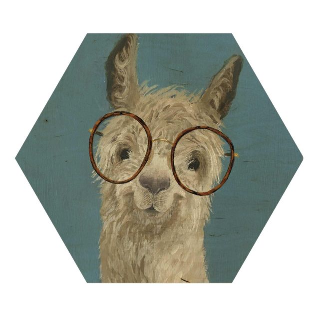 Hexagon Bild Holz - Lama mit Brille I