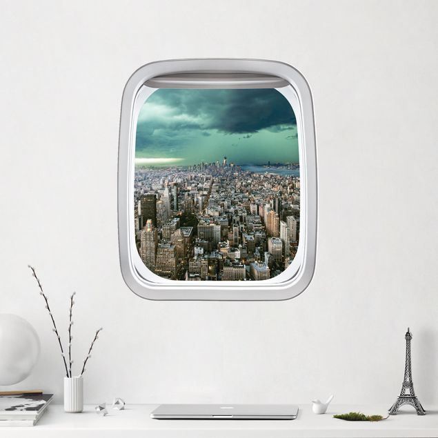Vinilos de ciudades para pared Aircraft Window Skyline New York In The Storm