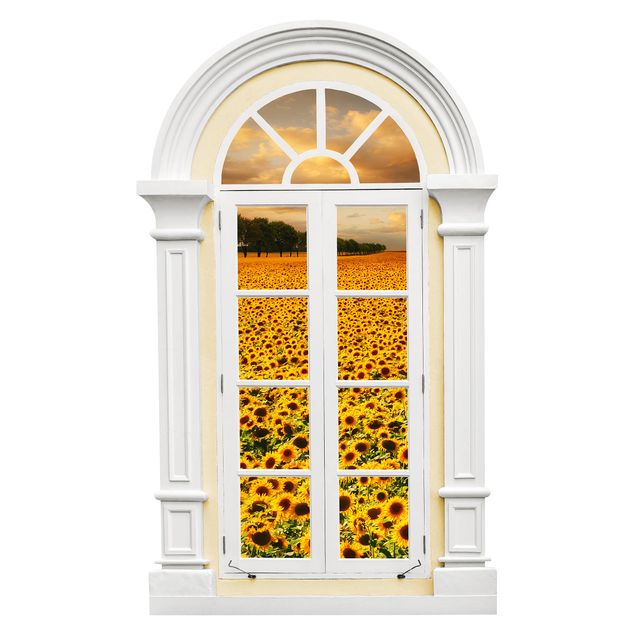 Pegatinas 3d pared Mediterranean Field Window With Sunflowers
