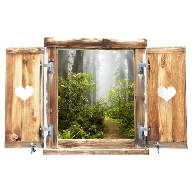 Vinilo 3d pared Misty Window With Heart Forest Path