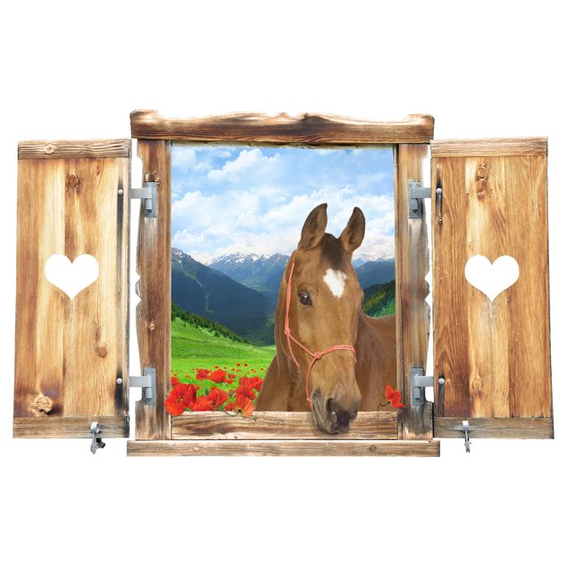 Vinilo flores Window With Heart And Horse Alpine Meadow