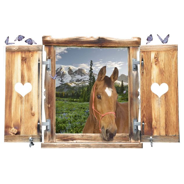 Vinil para pared 3d Window With Heart And Horse Mountains Meadow Path