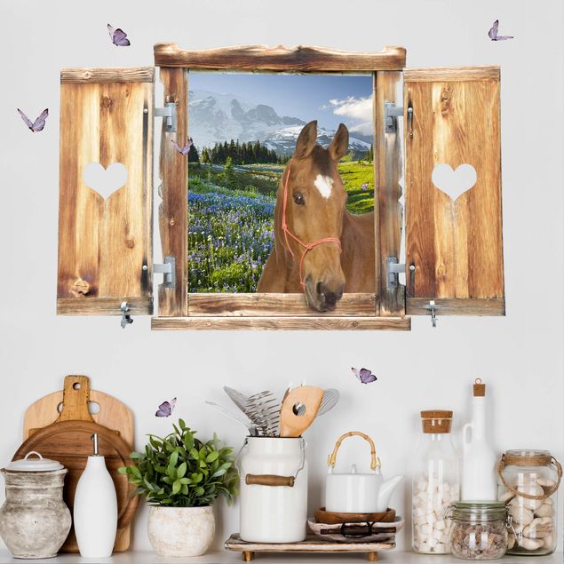 Vinilo caballo Window With Heart And Horse Mountain Meadow With Flowers