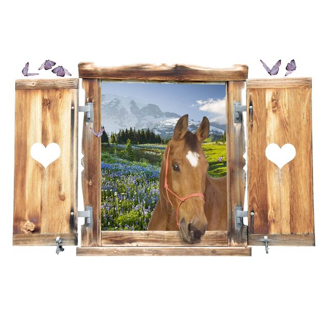 Vinilo flores pared Window With Heart And Horse Mountain Meadow With Flowers