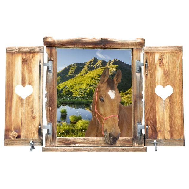 Vinilo 3d pared Window With Heart And Horse Looking Into Defereggental