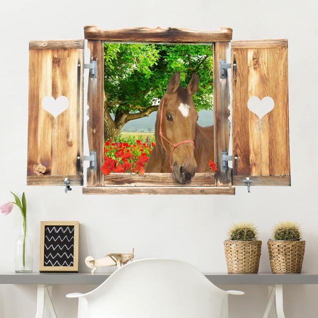 Vinilos para pared de caballos Window With Heart And Horse Meadow