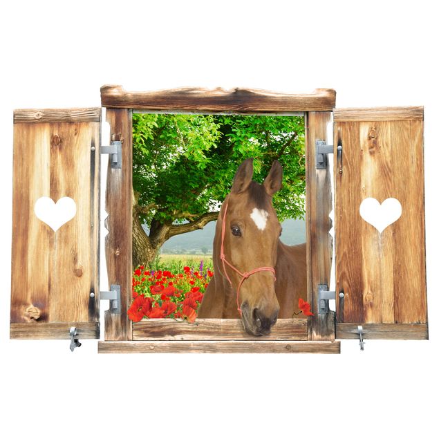 Vinilo de árbol para pared Window With Heart And Horse Meadow