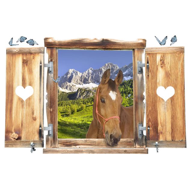 Pegatinas 3d pared Window With Heart And Horse Styria Alpine Meadow