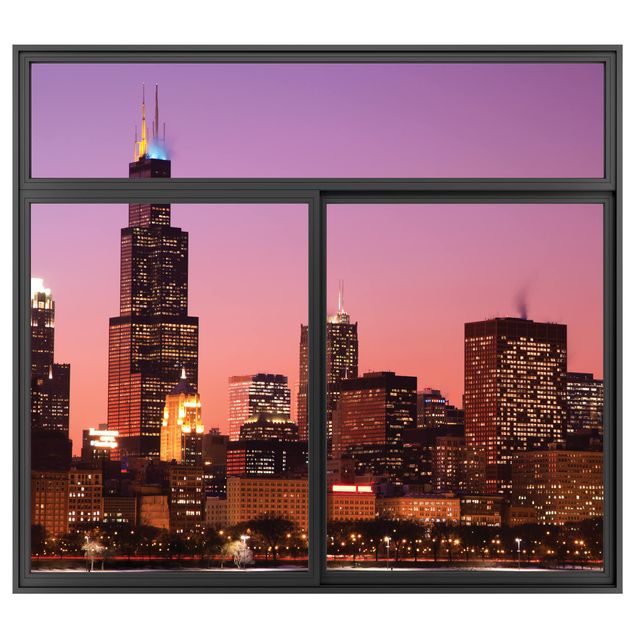 Decoración de cocinas Window Black Chicago Skyline