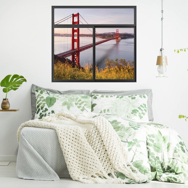 Vinilos de pared nombres de ciudades Window Black Golden Gate Bridge  In San Francisco