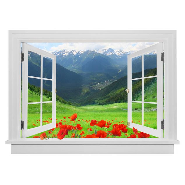 Vinilo 3d pared Open Window Alpine Meadow And Poppies