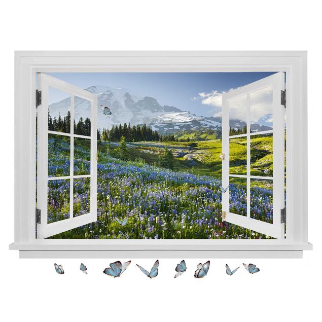Vinilos decorativos flores Open Window Mountain Meadow With Flowers In Front Of Mt. Rainier And Butterflies