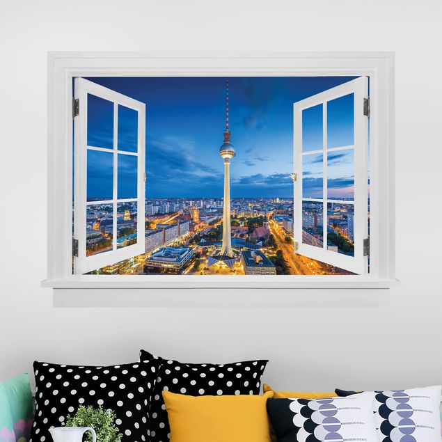 Vinilos de ciudades para pared Open Window Berlin Skyline At Night With Television Tower