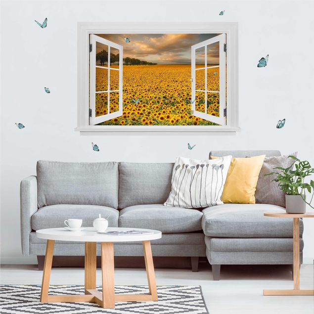 Vinilo flores pared Open Window Field With Sunflowers