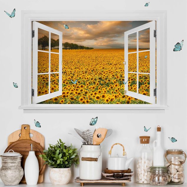 Decoración cocina Open Window Field With Sunflowers