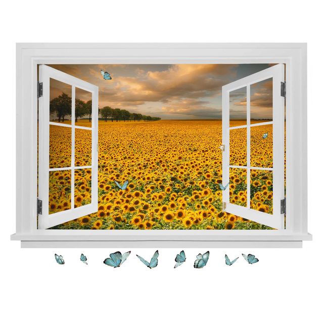 Pegatinas 3d pared Open Window Field With Sunflowers