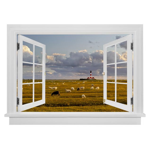 Vinilo 3d pared Open Window North Sea Lighthouse With Sheep Herd