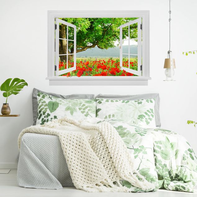 Vinilo árbol pared Open Window Summer Meadow With Flower Box