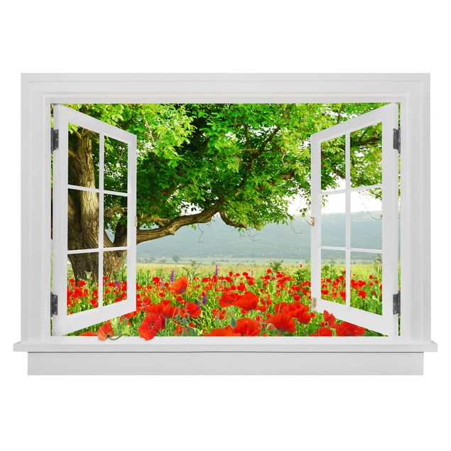 Vinilo flores Open Window Summer Meadow With Flower Box