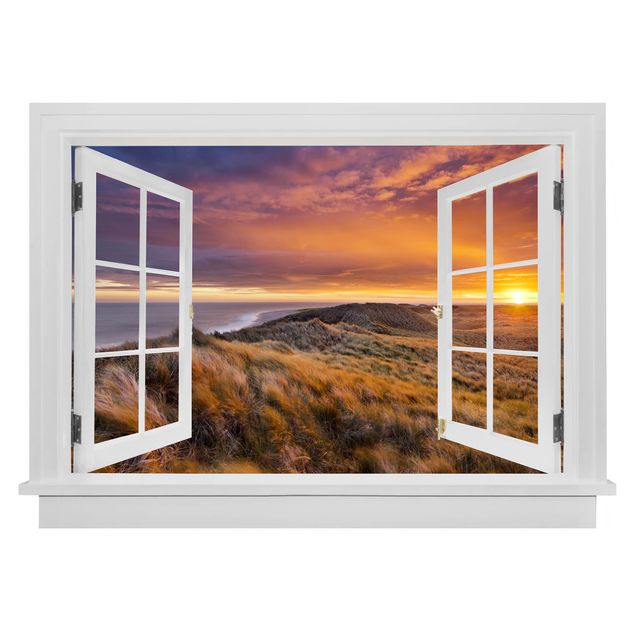 Vinilo 3d pared Open Window Sunrise On The Beach On Sylt