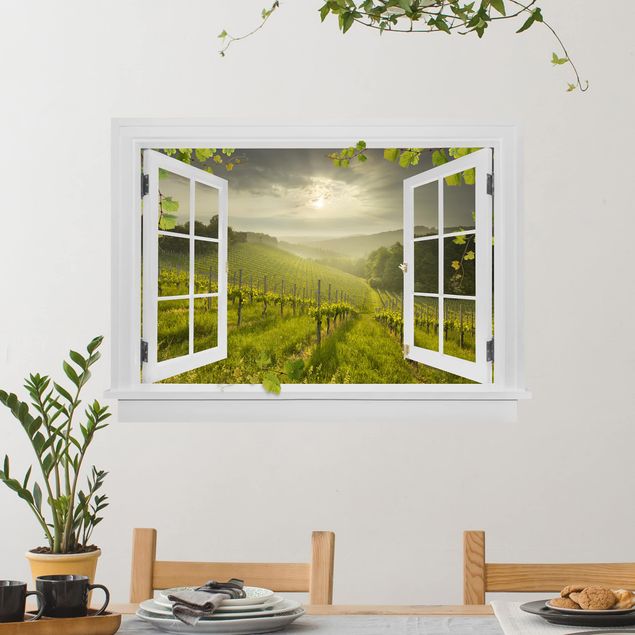 Vinilos de pared zarcillos Open Window Sun Rays Vineyard With Vines And Grapes