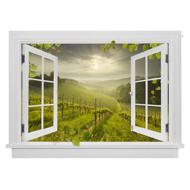 Vinil para pared 3d Open Window Sun Rays Vineyard With Vines And Grapes