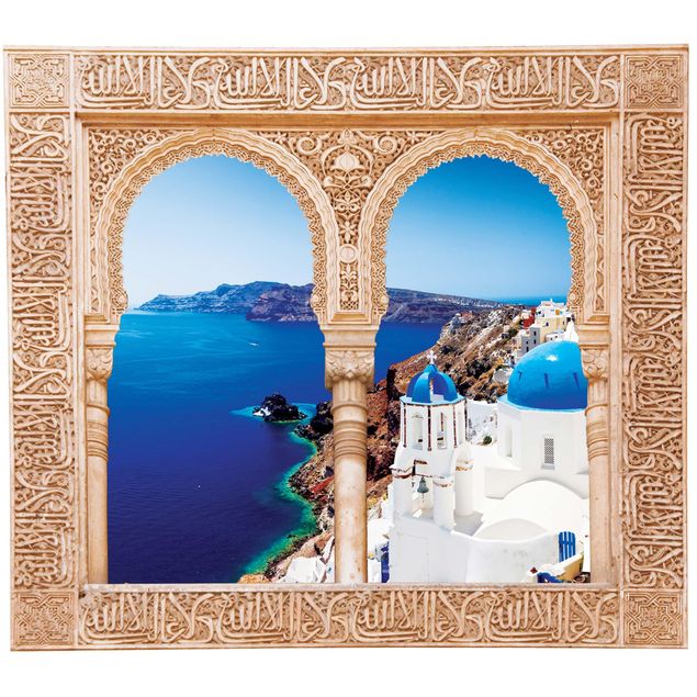 Vinilos de pared nombres de ciudades Decorated Window View Over Santorini