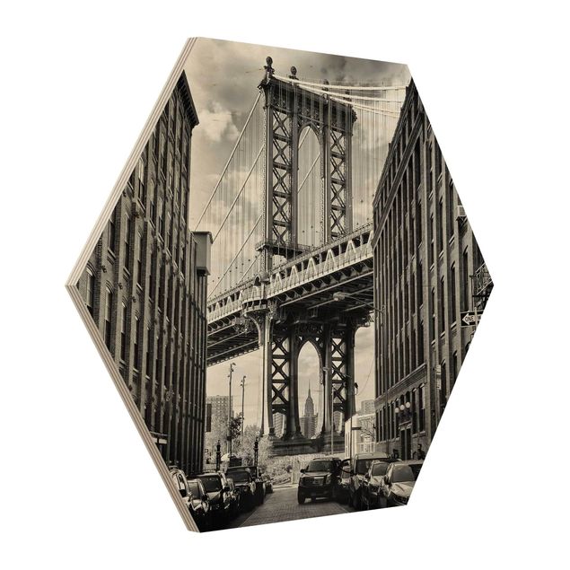 Hexagon Bild Holz - Manhattan Bridge in America